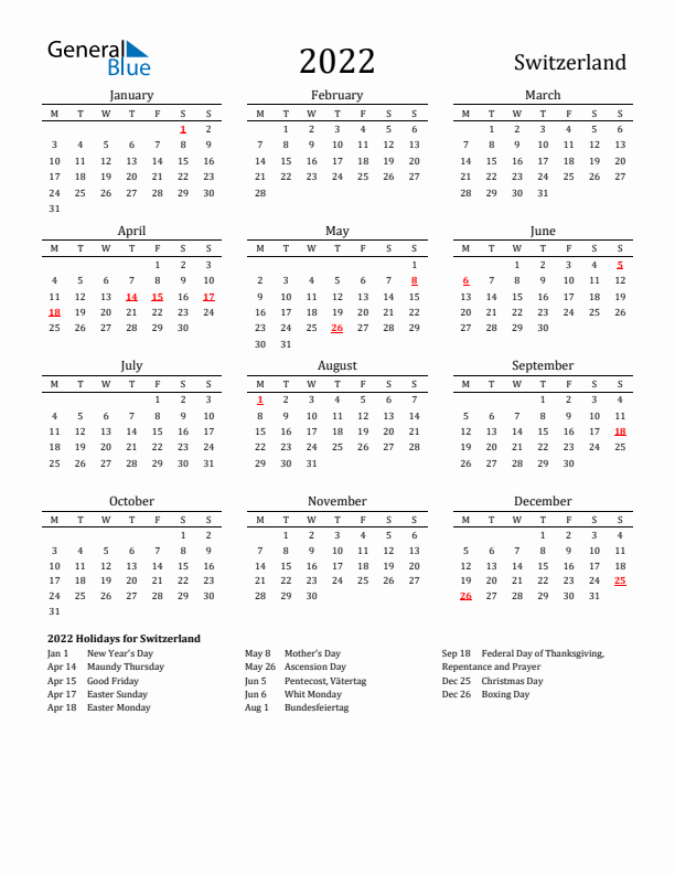 Switzerland Holidays Calendar for 2022