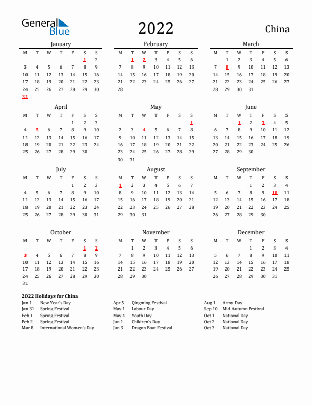 China Holidays Calendar for 2022