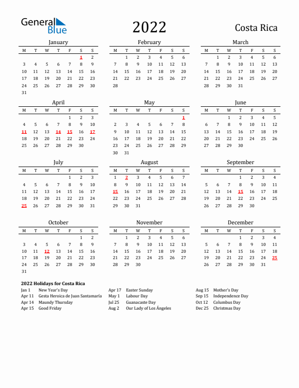 Costa Rica Holidays Calendar for 2022
