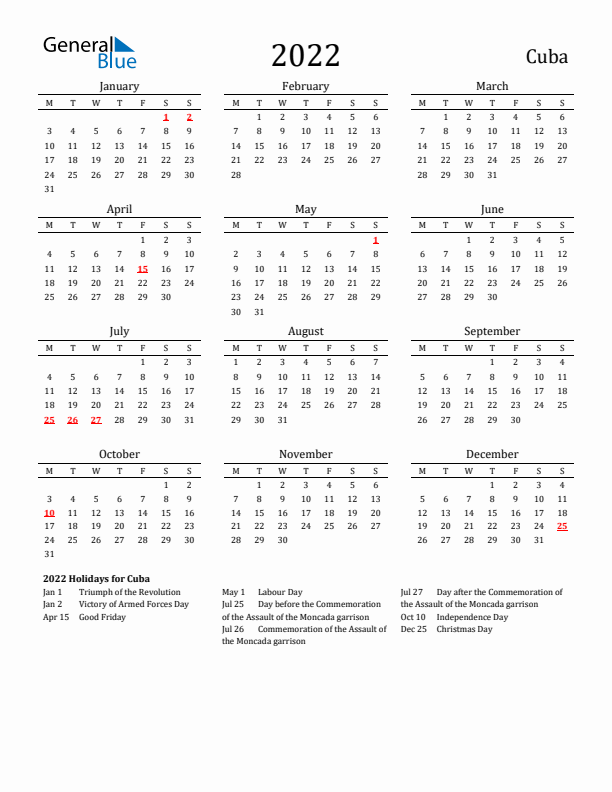 Cuba Holidays Calendar for 2022
