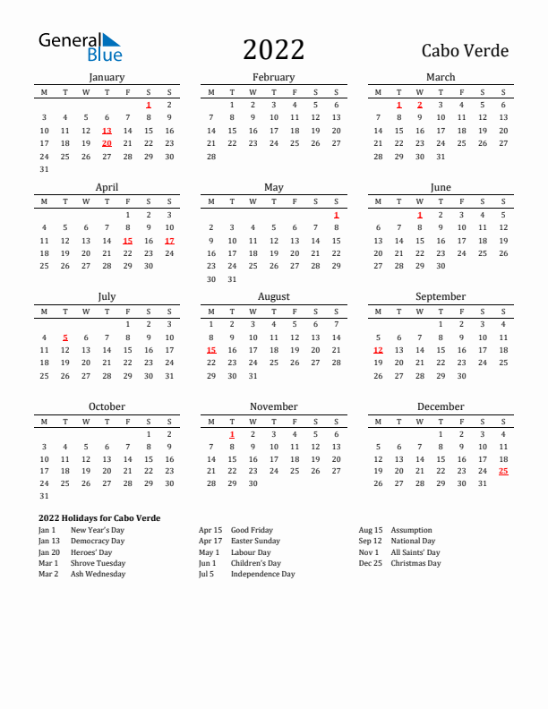 Cabo Verde Holidays Calendar for 2022