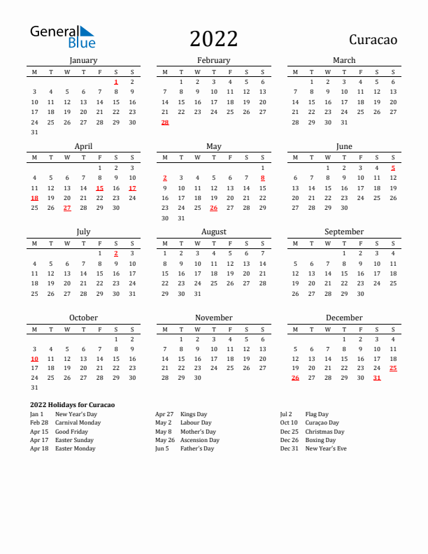 Curacao Holidays Calendar for 2022