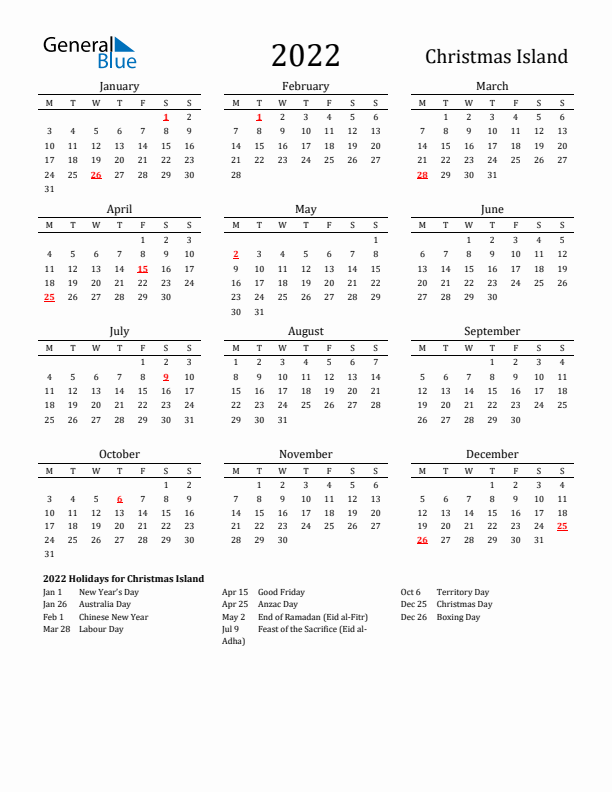 Christmas Island Holidays Calendar for 2022