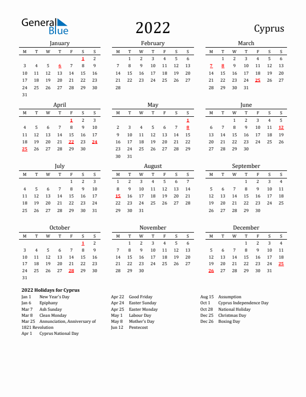 Cyprus Holidays Calendar for 2022