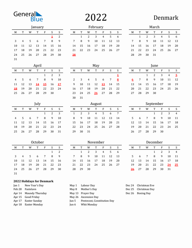 Denmark Holidays Calendar for 2022