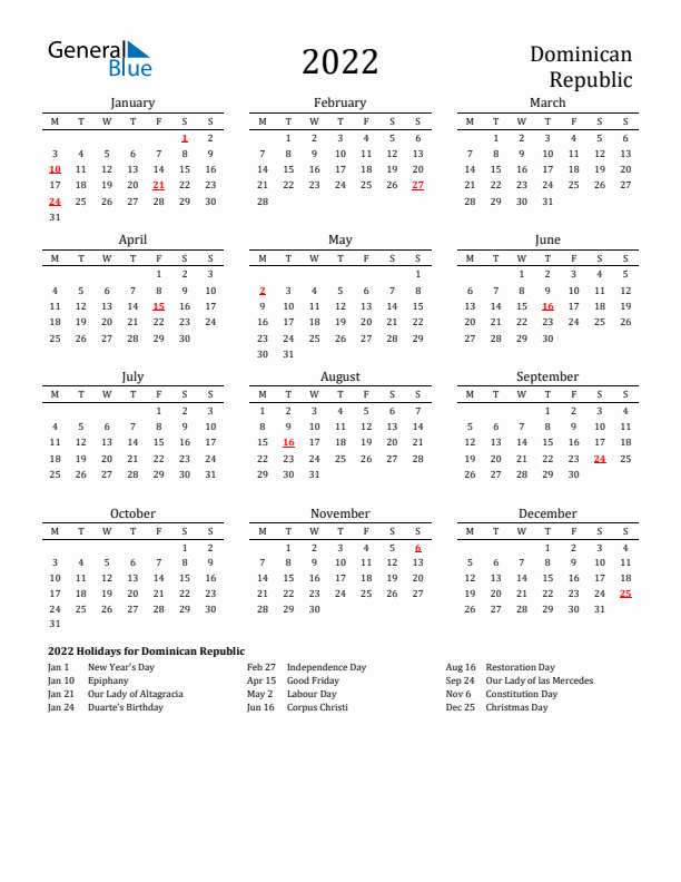Dominican Republic Holidays Calendar for 2022