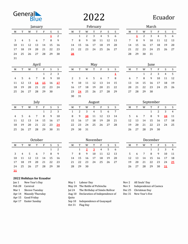 Ecuador Holidays Calendar for 2022
