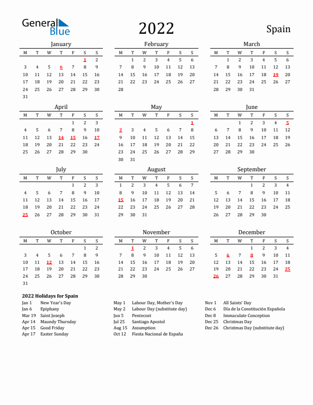 2022 Holiday Calendar for Spain Monday Start