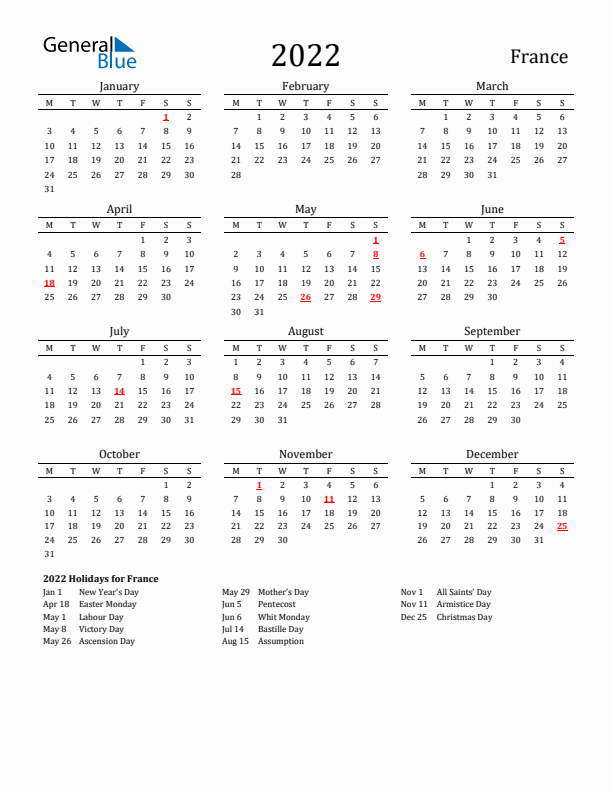 France Holidays Calendar for 2022