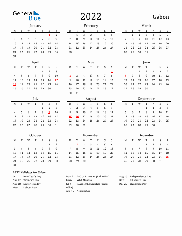 Gabon Holidays Calendar for 2022