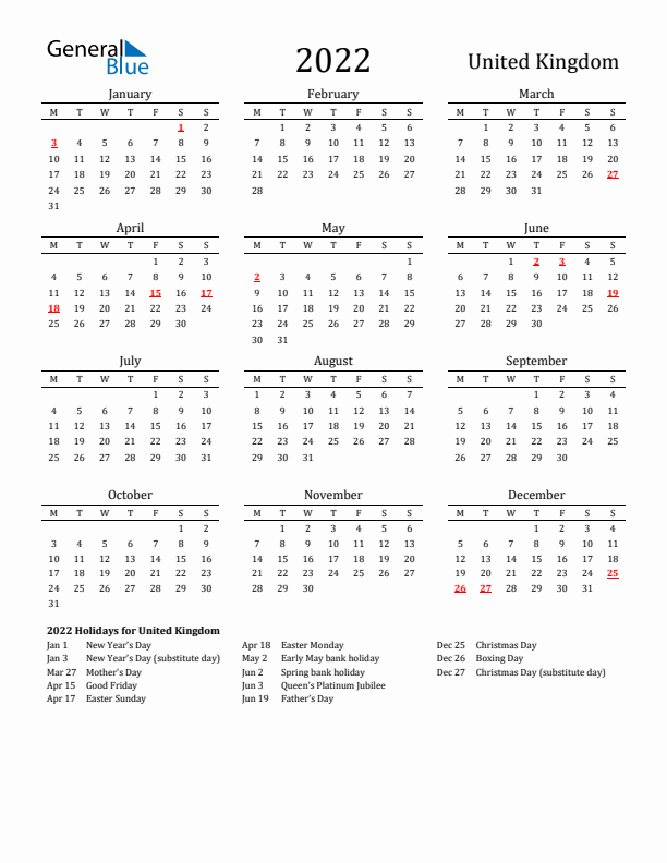 United Kingdom Holidays Calendar for 2022