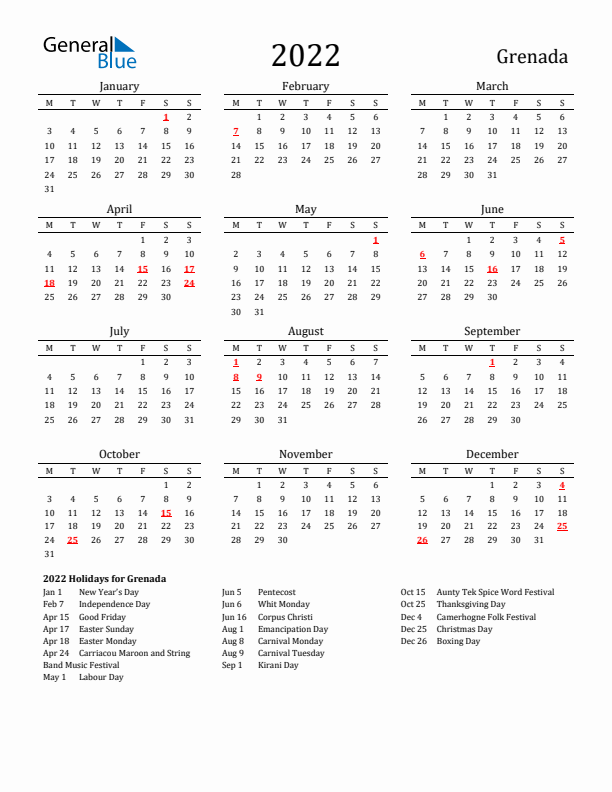 Grenada Holidays Calendar for 2022