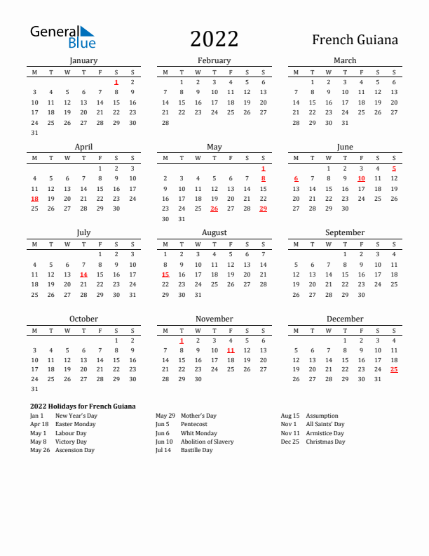 French Guiana Holidays Calendar for 2022