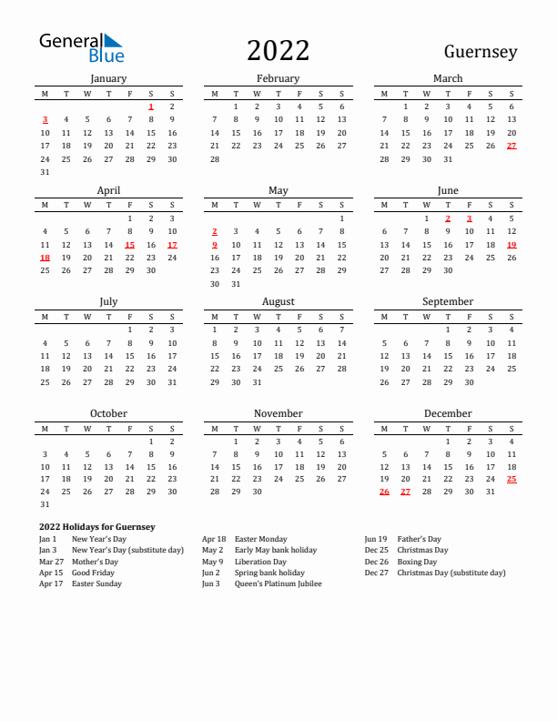 Guernsey Holidays Calendar for 2022