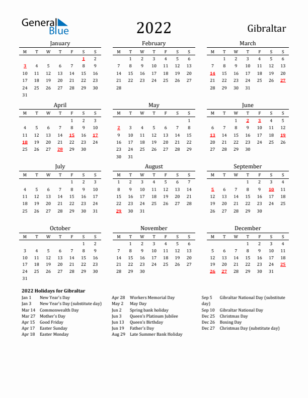 Gibraltar Holidays Calendar for 2022
