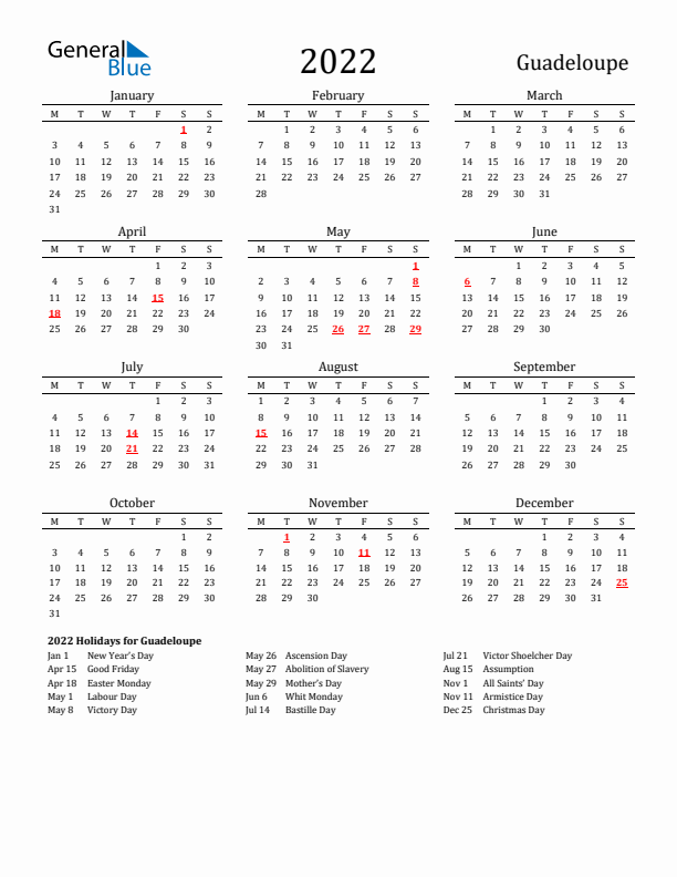 Guadeloupe Holidays Calendar for 2022