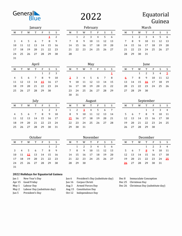 Equatorial Guinea Holidays Calendar for 2022