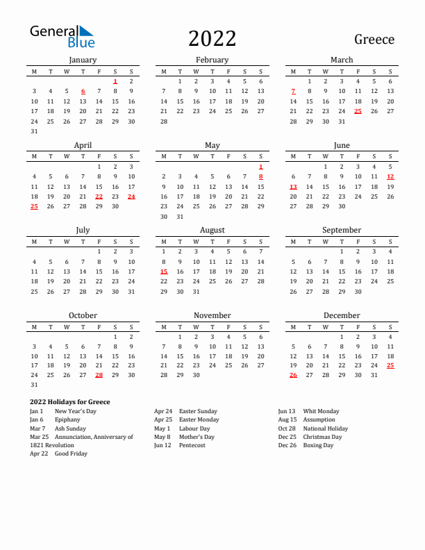 Greece Holidays Calendar for 2022
