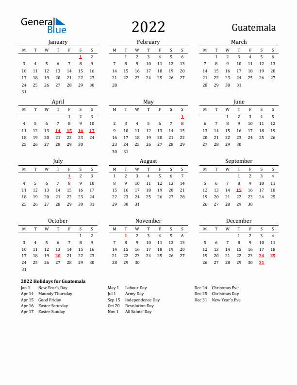 Guatemala Holidays Calendar for 2022