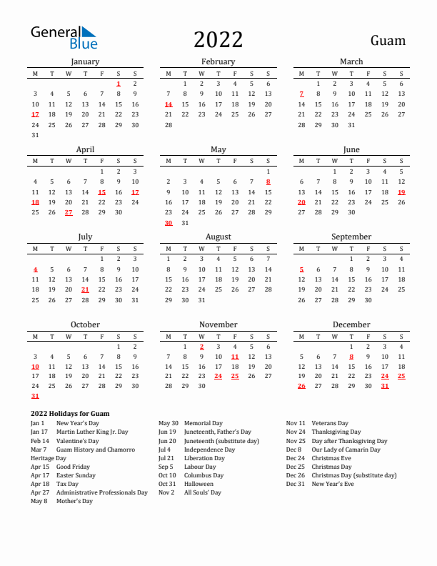 Guam Holidays Calendar for 2022