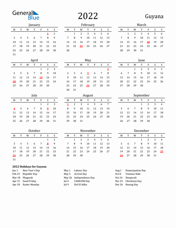 Guyana Holidays Calendar for 2022