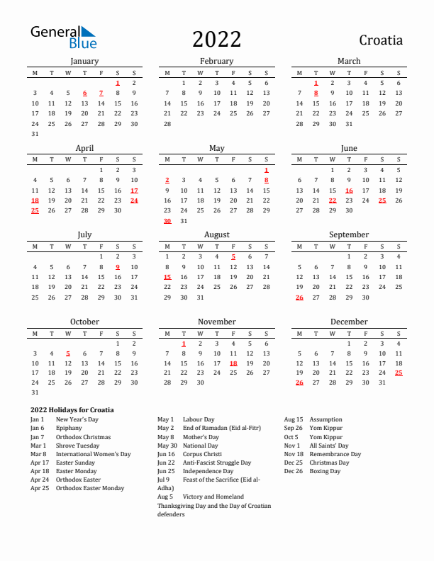 Croatia Holidays Calendar for 2022