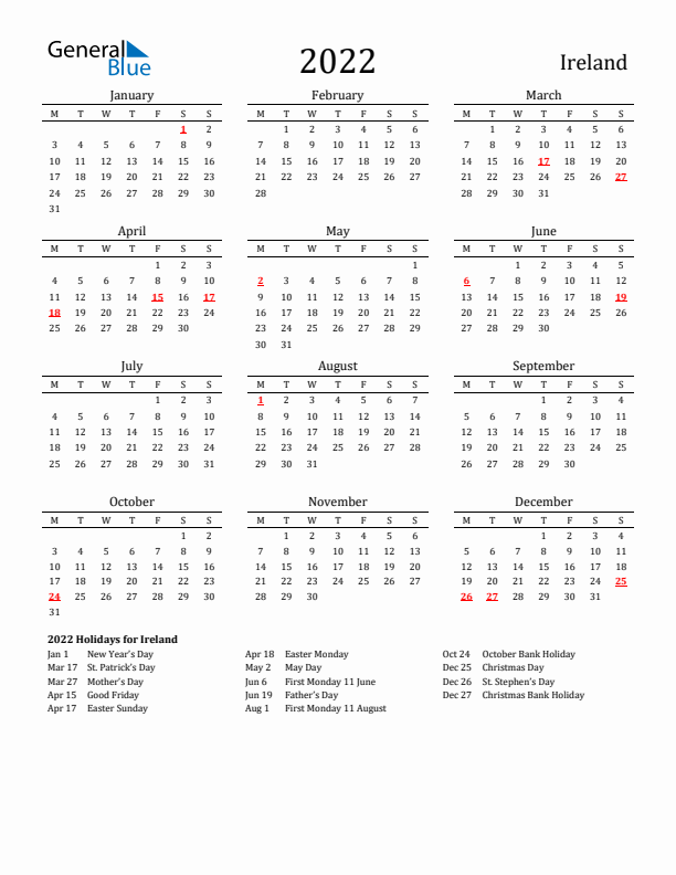 Ireland Holidays Calendar for 2022