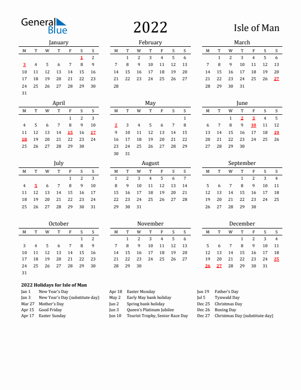 Isle of Man Holidays Calendar for 2022