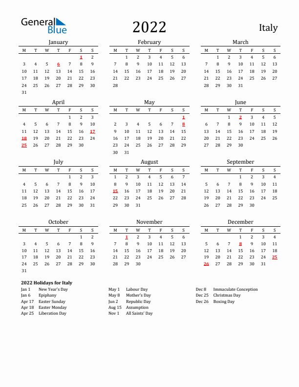Italy Holidays Calendar for 2022