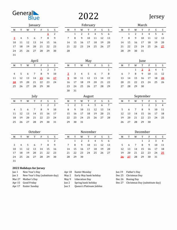 Jersey Holidays Calendar for 2022