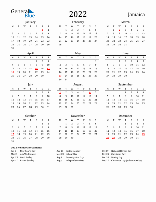 Jamaica Holidays Calendar for 2022