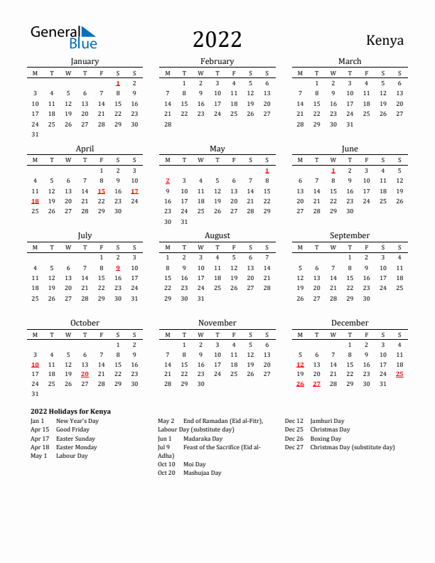 Kenya Holidays Calendar for 2022