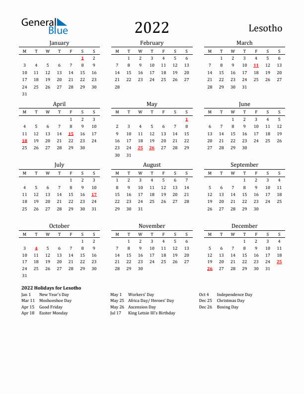 Lesotho Holidays Calendar for 2022