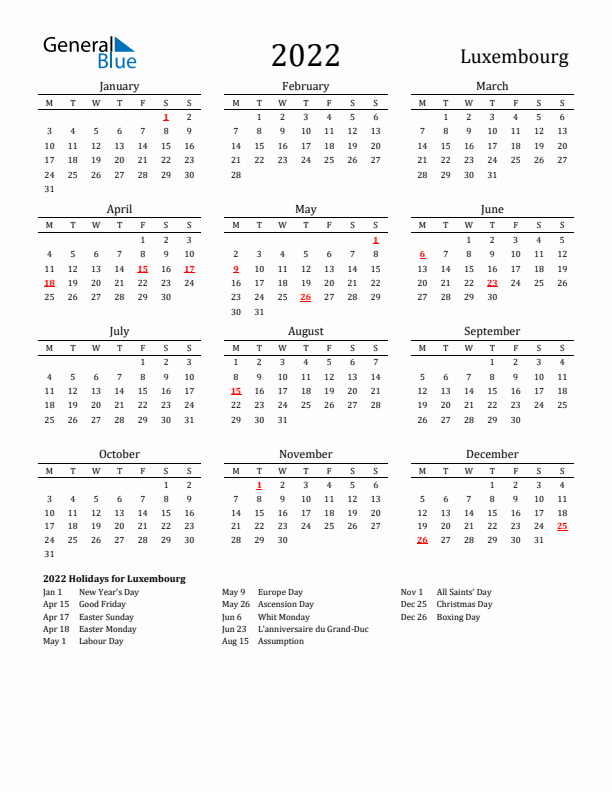 Luxembourg Holidays Calendar for 2022