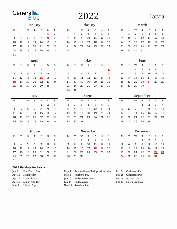 Latvia Holidays Calendar for 2022