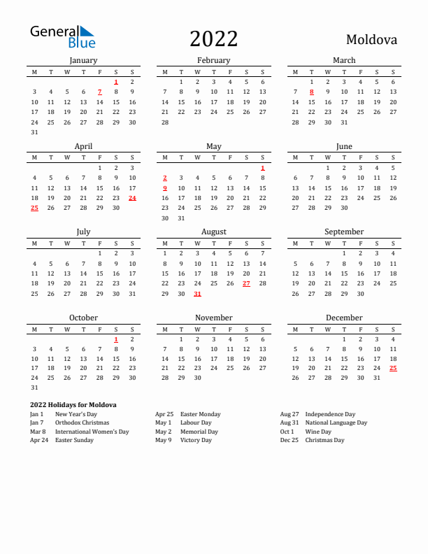 Moldova Holidays Calendar for 2022
