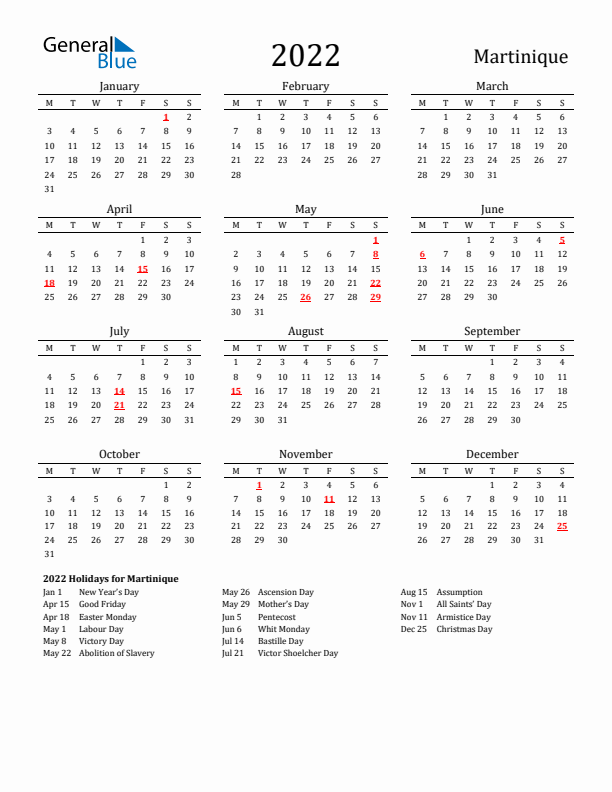 Martinique Holidays Calendar for 2022