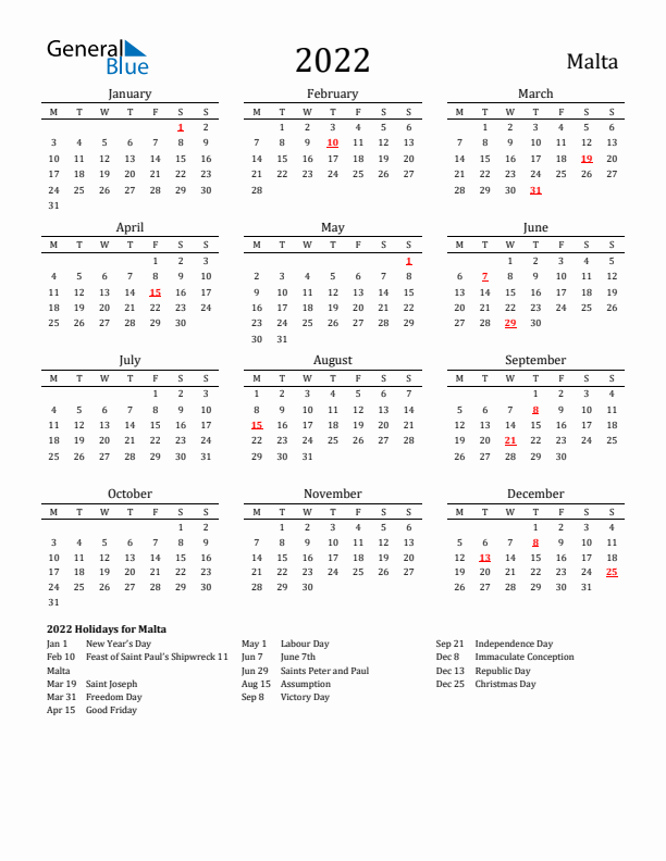 Malta Holidays Calendar for 2022