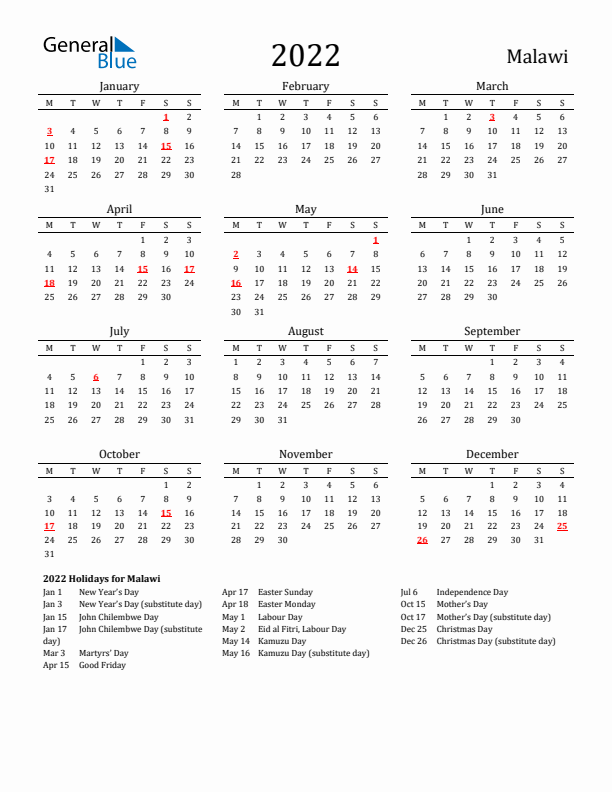 Malawi Holidays Calendar for 2022