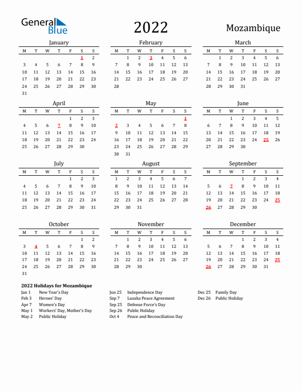 Mozambique Holidays Calendar for 2022