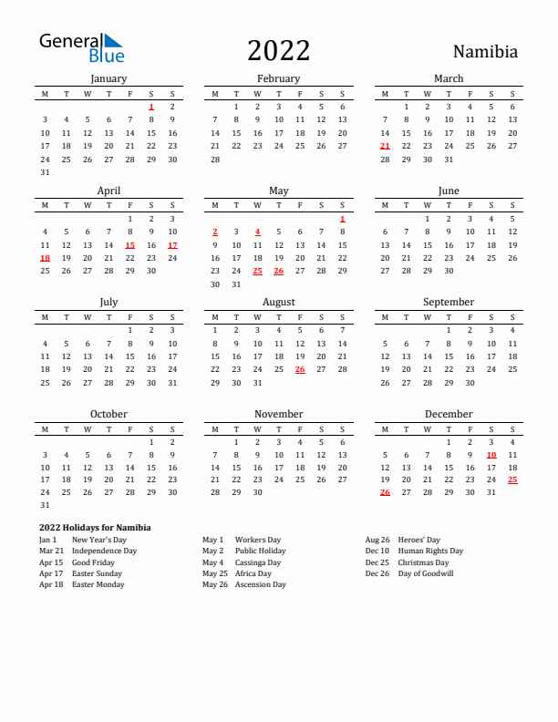 Namibia Holidays Calendar for 2022