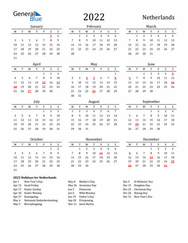 The Netherlands Holidays Calendar for 2022