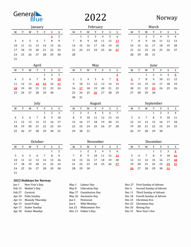 Norway Holidays Calendar for 2022