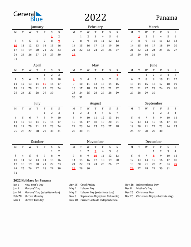 Panama Holidays Calendar for 2022