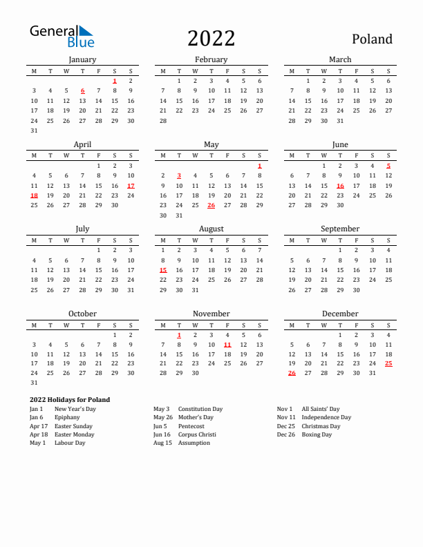 Poland Holidays Calendar for 2022