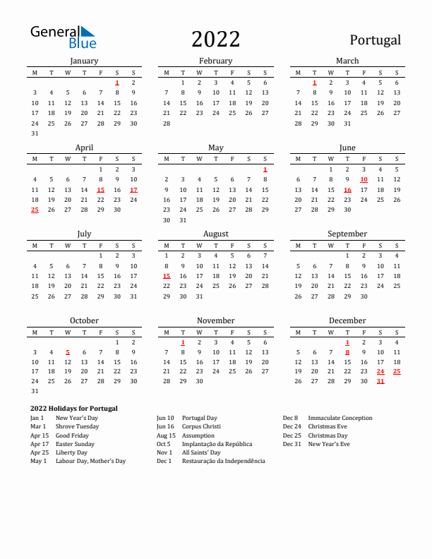 Portugal Holidays Calendar for 2022
