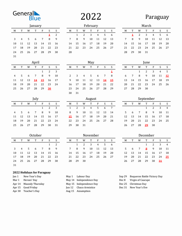 Paraguay Holidays Calendar for 2022