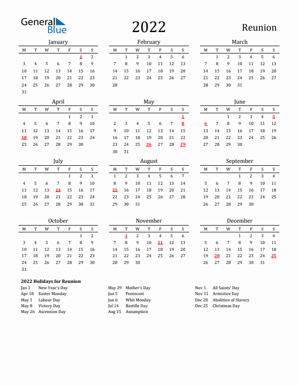 Reunion Holidays Calendar for 2022