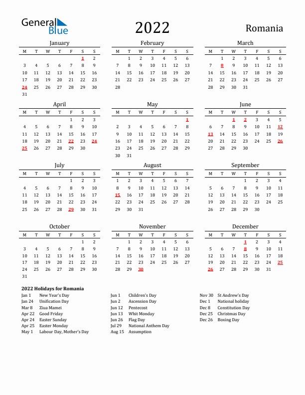 Romania Holidays Calendar for 2022
