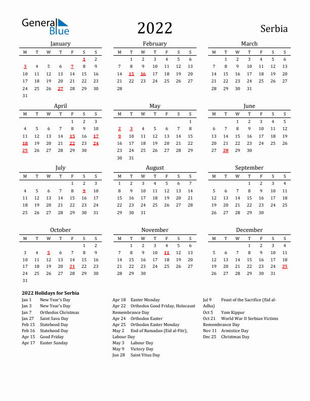 Serbia Holidays Calendar for 2022